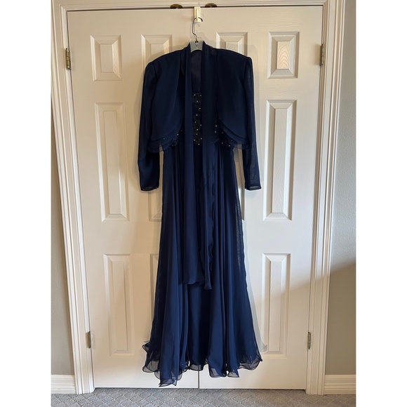 Vintage 90s Navy Blue Lace Rose Taft Dress and Jacket